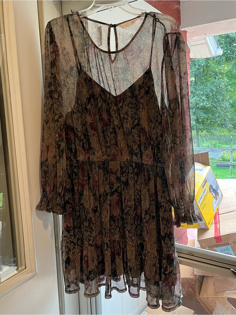 Lauren Conrad Sheer Floral Long-Sleeve Mini Dress - Gold with Burgundy Floral